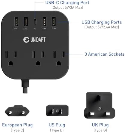 Universal Travel Power Strip with European Plug Adapter – Unidapt US to UK Adapter for EU/UK/US with 4 USB Ports Including USB-C, 3 AC Outlets, Wall Mountable Design, 5 ft Extension Cord for Home, Cruise, and Travel (Black) – Enhanced Device Compatibility and Fast Charging Solutions
