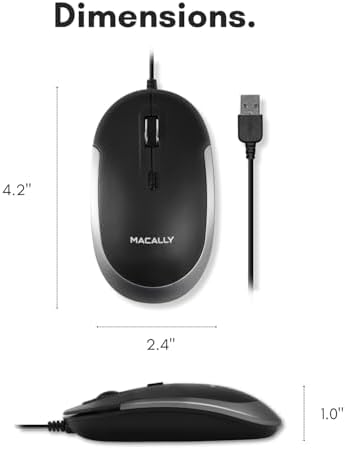 Sleek Silent Wired Computer Mouse for Mac & PC – Macally Ergonomic USB Optical Mouse with Adjustable DPI for Ultimate Precision – Compact, Lightweight Design Ideal for Office & Travel – Noise-Free Clicks for Distraction-Free Work Sessions