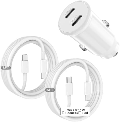 Dual-Port 45 W USB C Car Charger Adapter for Apple Devices – MFi Certified Fast Charger with 3 ft Lightning Cable (Pack of 2) – Rapid Charging for i Phone 14/13/12/11 Pro Max, i Pad, and Air Pods – Durable & Portable Power Solution for On-the-Go Lifestyle