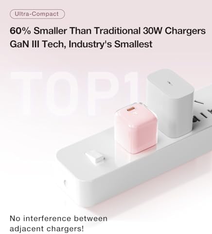 Ultra-Fast TORRAS Icenano 30 W USB-C Charger Block – PD 3.0 Compatible Wall Adapter with 5.5 ft Cable, Stylish Crystal Pink Design, Low-Temperature Operation for Safe Charging of i Phone 16/15 & Mag Safe – Perfect for Travel and Home Use