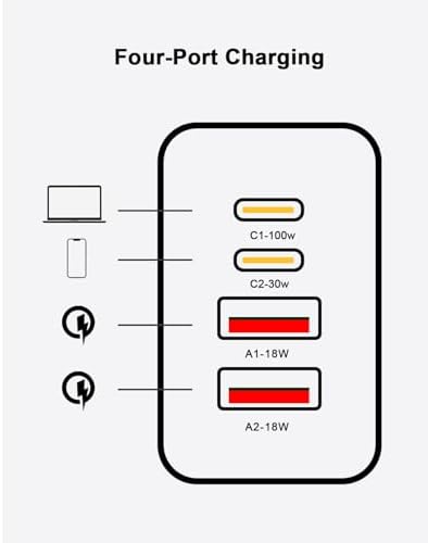 Experience Unmatched Power with the 100 W USB-C Ga N Multiport Charger – Ultimate Versatility for Mac Book Pro, i Pad Pro, Dell XPS, and More – Real-Time Charging Status Display & Advanced Safety Features for All USB-C/USB-A Devices – Efficient 4-Port Design for Simultaneous Charging of Laptops & Smartphones – Ideal Solution for Tech Enthusiasts with Multiple Devices – Harness Swift Power Delivery & Cutting-Edge Power IQ 3.0 Technology for Enhanced Safety and Performance – Stay Organized with a Compact, Tidy Desktop Setup – Compatible with a Broad Range of Devices Including i Phone 15 Pro, Galaxy S23 Ultra, and More – Comprehensive Package with 6.6 ft USB-C to USB-C Cable Featuring LED Display – Elevate Your Charging Experience Today!