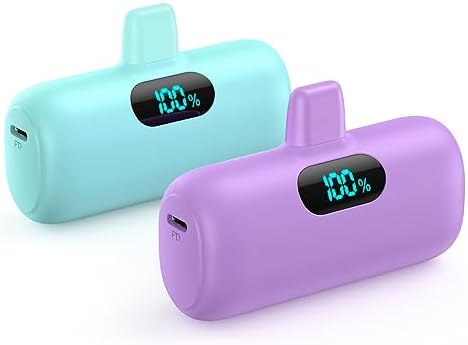 Ultra-Compact 2 Pack Mini Portable Charger 5200 m Ah with PD Fast Charging & LCD Display – Stylish Battery Backup Power Bank for i Phone 14/13/12/XR/7/6 – Your Essential On-the-Go Charging Solution