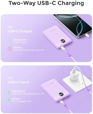VEEKTOMX Compact 10000 m Ah Mini Power Bank – Ultra-Fast PD 22.5 W USB-C Charger for i Phone, Samsung, Google Pixel – Stylish Purple Travel Essential for On-the-Go Power and Versatile Device Compatibility