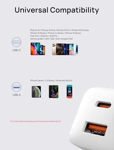 JSAUX 20 W Dual Port USB C Charger Block – Fast Charging Adapter for i Phone 16, Apple Watch, i Pad Pro, and Air Pods – Compact Foldable Travel Charger with Power Delivery & Quick Charge 3.0 Technology – Enhanced Compatibility for All Devices