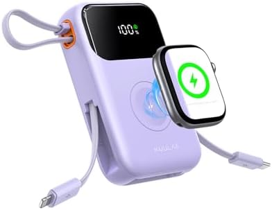 Ultra-Fast 10,000 m Ah Portable Power Bank with Integrated Cables & Magnetic Apple Watch Charger – 22.5 W High-Speed Charging Solution for i Phone 14/13/12/11/X and Samsung Galaxy S22/S21 – Compact Purple Travel Battery Pack for Effortless On-the-Go Power Management