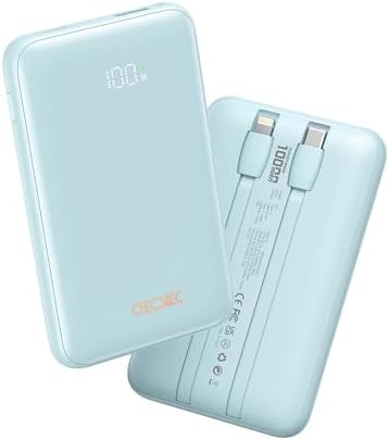 10000 m Ah Portable Power Bank with Built-in Cable – 22.5 W PD Fast Charging, Compact & Lightweight Charger for Apple, Samsung, Google, Motorola – Sleek Grey Design for On-the-Go Convenience and Enhanced Compatibility