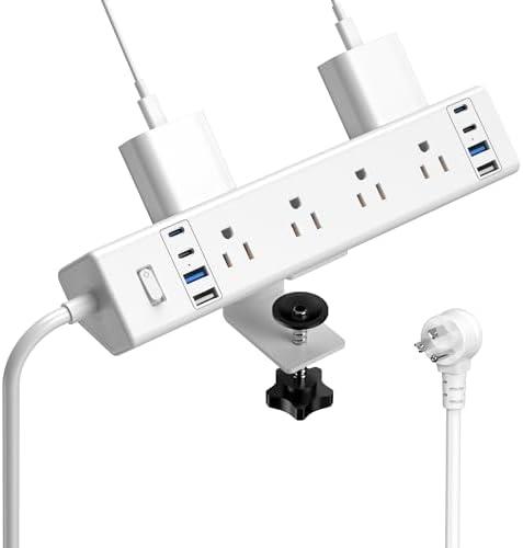 40 W Rapid Charge Desk Clamp Power Strip with 8 AC Outlets & 8 USB Ports – Versatile Surge Protector for Home & Office, Featuring 4 USB-C and 4 USB-A Ports, Secure Edge Mount Design for Tables up to 1.9 Inches, 14 AWG Heavy-Duty Cord for Optimal Performance and Safety
