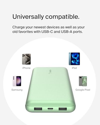 Belkin 20000 m Ah USB-C Power Bank – Dual USB-A Ports, Fast 15 W Charging for i Phone 16/15 Plus, Samsung Galaxy S25, Pixel, i Pad, Nintendo Switch 2 – Travel-Friendly Design in Pearl Blue for Enhanced Device Compatibility and On-the-Go Power
