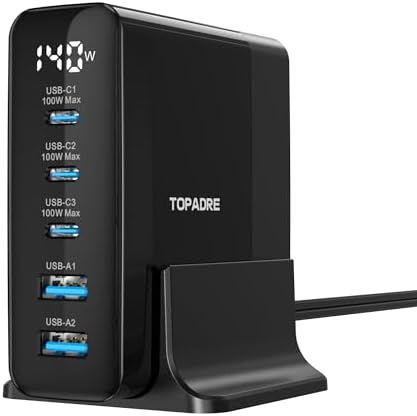 Power Up with the 140 W Ga N USB-C Charging Station: 5-Port High-Speed Charger for Mac Book, i Phone 15, and Samsung Galaxy – Enhanced Display for Real-Time Monitoring, Sleek Black Design, Perfect for Home & Office Use