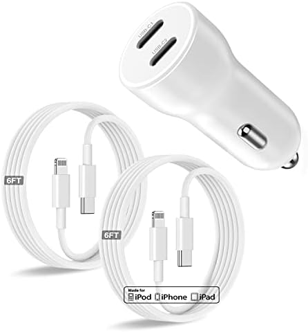 Dual-Port 45 W USB C Car Charger Adapter for Apple Devices – MFi Certified Fast Charger with 3 ft Lightning Cable (Pack of 2) – Rapid Charging for i Phone 14/13/12/11 Pro Max, i Pad, and Air Pods – Durable & Portable Power Solution for On-the-Go Lifestyle