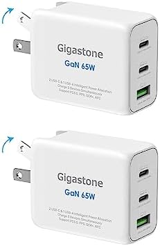 Gigastone 65 W Ga N USB C Charger 2-Pack: Ultimate Fast Charging Solution with Intelligent Power Allocation for Mac Book, Dell XPS, i Phone 16/15, i Pad, Galaxy S24 – Compact Foldable Travel Adapter for Maximum Compatibility and Efficiency