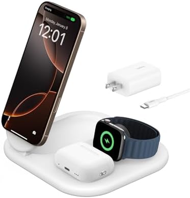 Revolutionize Your Charging Experience with the Belkin 2-in-1 Magnetic Foldable Charger – 15 W Qi2-Certified Wireless Power for Apple i Phone 16 & Samsung Galaxy S25 with Non-Slip Stability – Sleek White Design for Home, Office & Travel – PSU Included for Instant Use and Enhanced Device Compatibility