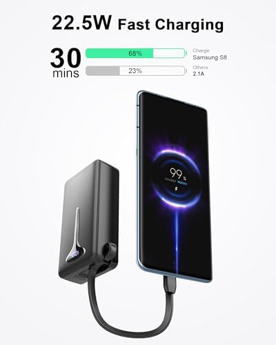 High-Capacity 10000 m Ah USB-C Power Bank with 22.5 W Fast Charging – Travel-Ready Portable Charger Featuring Built-in Cables, Triple Output Ports & HD LED Display for Efficient Device Charging on the Go