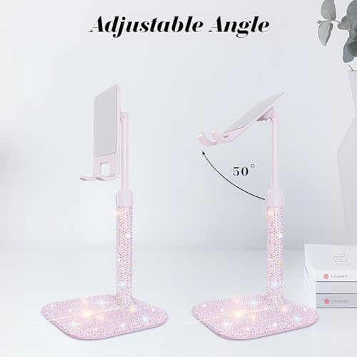 Cavdycidy Bling Cell Phone Stand for Desk,Glitter Rhinestone Angle Adjustable Phone Holder,Crystal Desktop Holder Compatible with iPhone 16 Pro Max 15 Plus 14 13 12 11 and Samsung,All Phones(Pink) – Enhanced Compatibility and Speed
