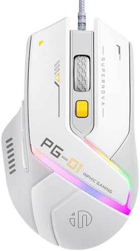 Elevate Your Game with the INPHIC PG1 Wired Gaming Mouse – Ergonomic Comfort Meets 12800 DPI Precision, 6 Customizable Buttons & Vibrant RGB Backlighting for Ultimate Performance in White and Gray