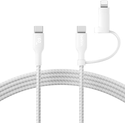 Belkin Boost Charge 2-in-1 Braided USB-C & Lightning Charging Cable (1.5 M) – Fast Multi-Device Charging Solution for i Phone, i Pad, Mac Book, Galaxy, and Nintendo Switch – Durable & Stylish Design with Enhanced Compatibility