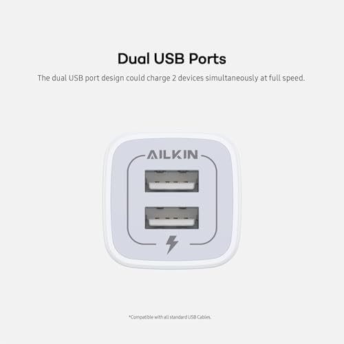 AILKIN Dual Port USB Wall Charger 2-Pack – 2.1 A Fast Charging Adapter for i Phone 15/14/13/12/11 Pro, Samsung Galaxy S23/S22/S21 – Compact Power Block with Quick Charge Technology – Universal Compatibility & Safety Features for Home and Travel