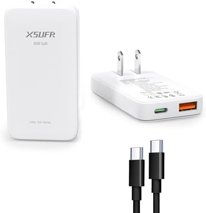 Compact Dual-Port 45 W USB C Power Adapter | Ultra-Slim Ga N Technology Fast Charger with 3.28 ft Cable for Laptops, Tablets, and Smartphones | PD 3.0 Compatible, Travel-Friendly, and Efficient Charging Solution for On-the-Go Users