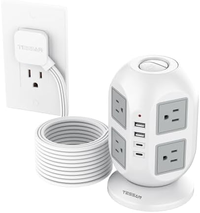 TESSAN Tower Surge Protector Power Strip – 10 ft Flat Extension Cord with 8 AC Outlets & 4 USB Ports (1 USB-C) – Compact Charging Station with Advanced Surge Protection for Home Office & Dorm Use – Optimal Device Safety & Versatile Compatibility
