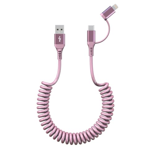 Vibrant Pink Coiled USB to USB-C & Lightning Car Charger Cable – High-Speed Charging and Data Transfer for i Phone 16-11 & Android Devices – Stylish Compatibility with Apple Carplay & Android Auto – Durable Design for Tangle-Free Use