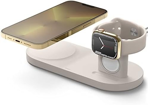 elago W Stand for Mag Safe Charging: Optimized Station for Apple Watch, i Phone 12-16 Series, and Air Pods – [Stone] – Enhance Your Charging Speed and Organization with Durable Design and Optimal Viewing Angle