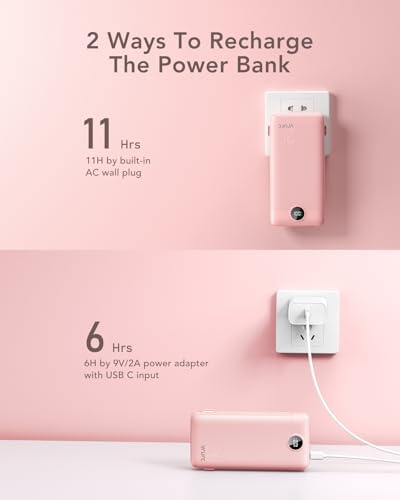 VRURC 20000 m Ah Pink Portable Charger – Fast Charging Power Bank with Built-in Wall Plug & Cables, LED Display, 4 Outputs & Dual Inputs for Effortless Travel Charging Solutions, Ideal for Busy Lifestyles and Enhanced Device Compatibility