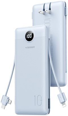 VEGER 10,000 m Ah AC Wall Plug Portable Charger – Ultra-Slim Power Bank with Built-In Cables, 15 W USB-C Fast Charging, Essential Travel Companion for i Phone, Android & More – Effortless Charging Anywhere