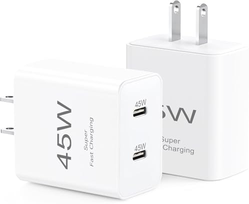Dual USB C Power Adapter – 45 W Fast Charging Block for i Phone 16 & More, 2 Pack – Universal Compatibility Charger for i Pad Pro, Galaxy Devices & More – Compact Design for Rapid Device Charging and Enhanced Battery Life