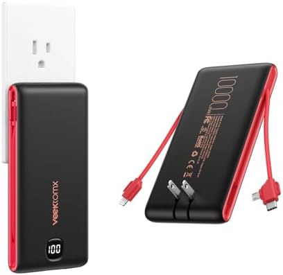 VEEKTOMX 20,000 m Ah Portable Charger with Built-in Cables and AC Wall Plug – Fast Charging Power Bank for i Phone 15/14/13 & Samsung Devices, Slim Battery Pack with LED Display for Ultimate Compatibility and On-the-Go Convenience