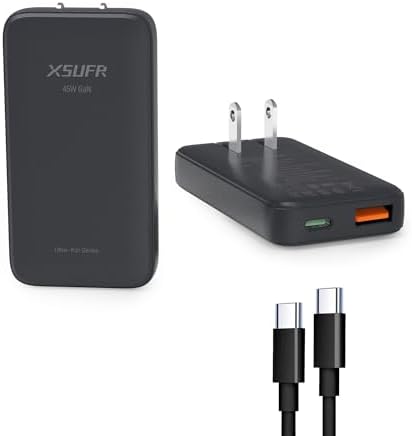 Compact Dual-Port 45 W USB C Power Adapter | Ultra-Slim Ga N Technology Fast Charger with 3.28 ft Cable for Laptops, Tablets, and Smartphones | PD 3.0 Compatible, Travel-Friendly, and Efficient Charging Solution for On-the-Go Users