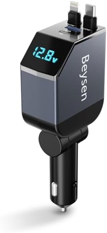 Ultimate 4-in-1 Fast Retractable Car Charger – 84 W Power Booster with Dual Cables (USB-C & Lightning) for i Phone 16/15/14/13/12/11 – Tangle-Free, Compact Design for Effortless Travel Charging Solutions