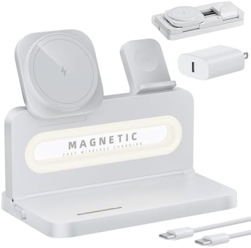 Revolutionize Your Charging Experience with the 3 in 1 Foldable Wireless Charging Station for Apple Devices – Mag Safe-Compatible Dock for i Phone 12-16, Apple Watch, and Air Pods with Built-in Night Light for Effortless Convenience and Speed