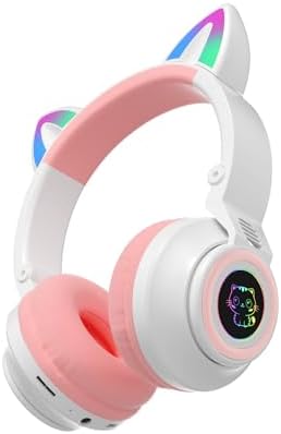 Adorable LED Cat Ear Bluetooth Headphones for Kids – Safe 85 d B Volume Limiting, Foldable Wireless Design with Built-in Microphone and FM Radio, Perfect for Music, Learning, and Play – Available in Charming Pink and White Variants for a Fun Listening Adventure