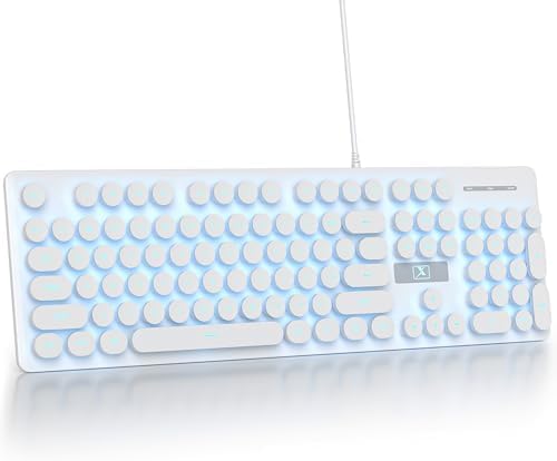 Elevate Your Workspace with the Fogruaden Retro Typewriter Keyboard – Stylish Full-Size USB Design, 104 Round Keys, and White LED Backlighting for Effortless Night Use, Ergonomic & Silent Membrane Keys Perfect for Windows PC and Laptops, Ideal for Writers and Gamers Seeking a Unique Vintage Touch
