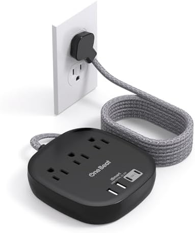 10 Ft Flat Plug Power Strip with 3 AC Outlets & 4 USB Ports, Ideal Desktop Charging Station for Cruise Ships & Dorms – Compact Design & Fast Charging for Multi-Device Use
