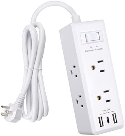 Elevate Your Charging Game with the Clear Power 2-Outlet Power Strip – 6 ft Flat Plug Power Station Featuring 3 USB Ports (1 USB-C) for Rapid Device Charging, Ideal for Home, Office & Travel, Durable & Compact Design, White, Model DC3 S-1102-DC