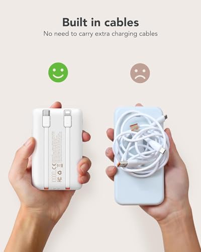 Ultra-Slim 10,000 m Ah Mini Power Bank with Built-in Cables – 22.5 W Fast Charging USB-C Battery Pack for i Phone 16/15/14 and Samsung Galaxy 24/23 – Essential Travel Charger for On-the-Go Power Needs