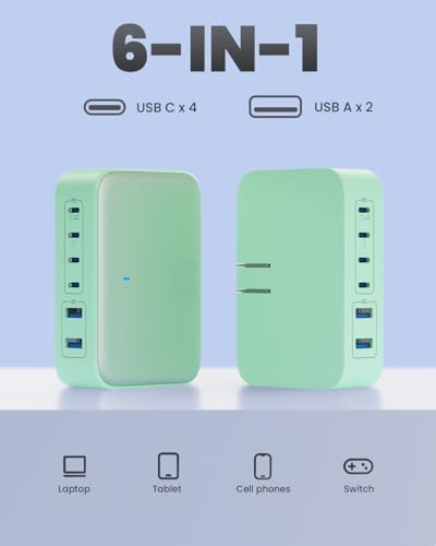 200 W USB C Charging Hub with 6 Ports – Ga N IV Foldable Wall Charger for Rapid Device Power-Up, PD 65 W Laptop Charger for Mac Book Pro, Dell, i Phone 16/15, i Pad, Galaxy & Steam Deck – Compact & Travel-Friendly Fast Charging Solution