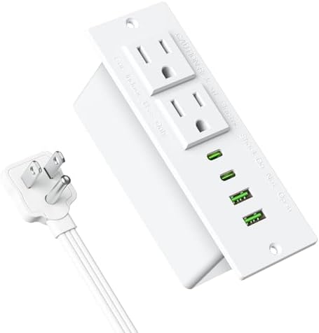 Recessed Power Strip with USB C PD Fast Charging – 30 W Flush Mount Desk Outlet for Space-Saving Convenience, 2 AC Outlets & 2 USB Ports, 6 ft Cord, Ultra Thin Flat Plug for Tidy Workspaces – Perfect for Home Offices and Multi-Device Charging Solutions