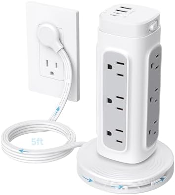 TROND Power Strip Tower with Retractable Design – 5 ft Flat Plug Extension Cord Featuring 5 AC Outlets and 20 W USB-C Fast Charging Ports, 1700 Joules Surge Protection for Home Office and Dorm Room Efficiency – Ultimate Connectivity Solution