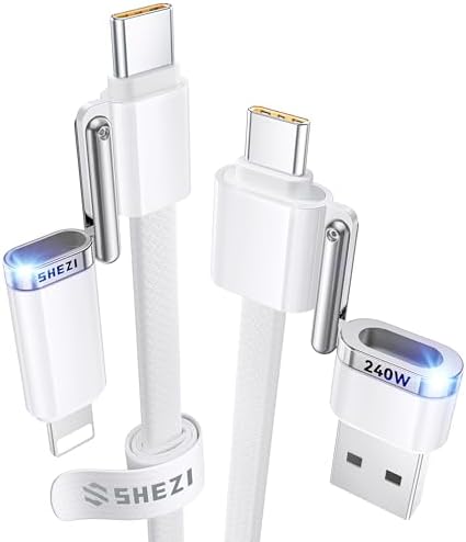 SHEZI 4-in-1 USB C to Lightning Charging Cable – 60 W Fast Charge & Data Sync for i Phone, i Pad, Samsung & Mac Book – 5 FT Multi-Device Travel Charger, Compatible with Apple Car Play & Android Auto, Durable White Design for Ultimate Versatility