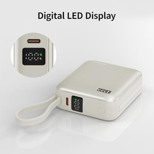 Sleek Gold Portable Power Bank with Built-in Cables and LED Battery Indicator – 10,000 m Ah USB-C Fast Charging Power Pack for i Phone, i Pad, Samsung, and Android Devices – Essential Travel Charger with Intelligent Safety Technology for Ultimate On-the-Go Convenience