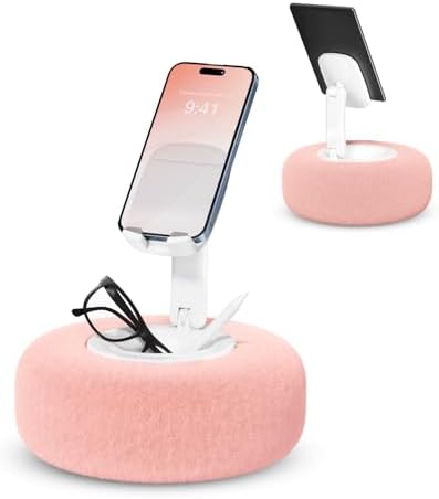 Phone Stand with Pillow, Adjustable iPhone Stand with Anti-Slip Strips, Fuzzy Tablet Holder- Compatible with 4″-7″ Devices, Including iPhone, iPad, Kindle, and Android (Pink) – Enhanced Compatibility and Speed