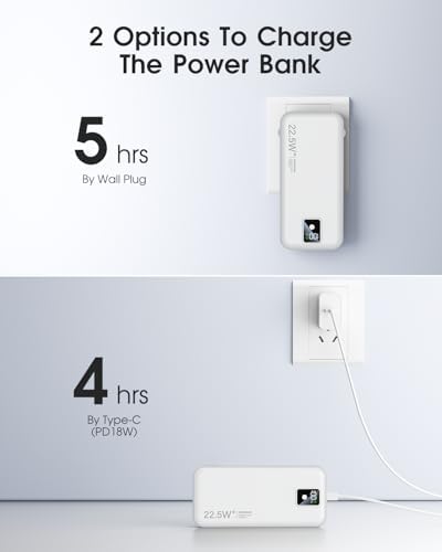 High-Efficiency 12000 m Ah Portable Power Bank with Built-In Cables and AC Plug – USB-C 22.5 W Fast Charger for i Phones, i Pads, Samsung Devices – Lightweight, Compact External Battery for Ultimate Mobility and Enhanced Device Compatibility