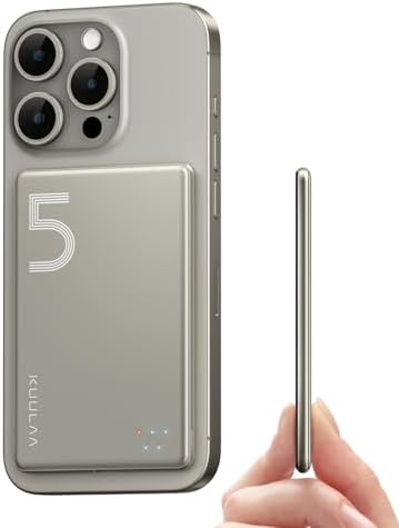 Kuulaa Slim Magnetic Portable Power Bank for i Phone – 5000 m Ah PD 20 W Fast Charging Battery Pack with Rotating Stand for Mag Safe Compatible i Phone 12/13/14/15/16 Series (Titanium Finish) – Ultimate On-the-Go Charging Solution