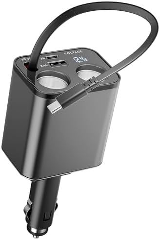 Paiholy Advanced 5-in-1 Retractable Car Charger with Dual USB Ports and Dual Cigarette Lighter Outlets – 159 W Fast Charging Solution for i Phone and All Car Electronics – Clutter-Free Design for Ultimate Travel Convenience