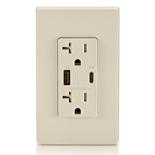 Leviton 60 W In-Wall USB Charger with Dual Type A/Type-C Ports and 20 A Tamper-Resistant Outlet – Fast Charging for Smartphones, Tablets, and Laptops – Modern Light Almond Finish, Ideal for Home and Office Efficiency – Safe, Stylish Power Solution for Tech Enthusiasts