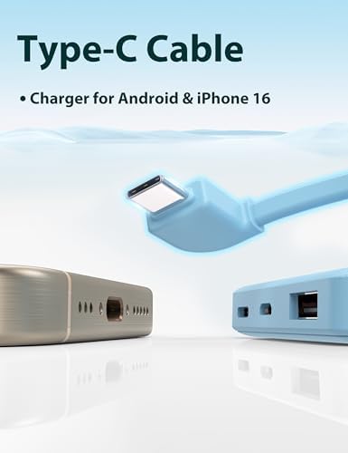 Ultra Slim 6000 m Ah Power Bank with Built-In USB C Cords – Card-Sized Portable Charger for Effortless On-the-Go Charging, Triple Output for i Phone, Samsung, Google Devices – Stylish and Compact Battery Pack for Enhanced Efficiency and Versatility