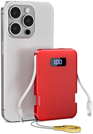 Sleek Pink Portable Charger with Built-In Cables – 5000 m Ah Slim Power Bank for i Phone & Android Devices – Ultimate Travel Essential with Fast Charging Technology for On-the-Go Convenience