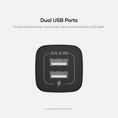 AILKIN Dual Port USB Wall Charger 2-Pack – 2.1 A Fast Charging Adapter for i Phone 15/14/13/12/11 Pro, Samsung Galaxy S23/S22/S21 – Compact Power Block with Quick Charge Technology – Universal Compatibility & Safety Features for Home and Travel